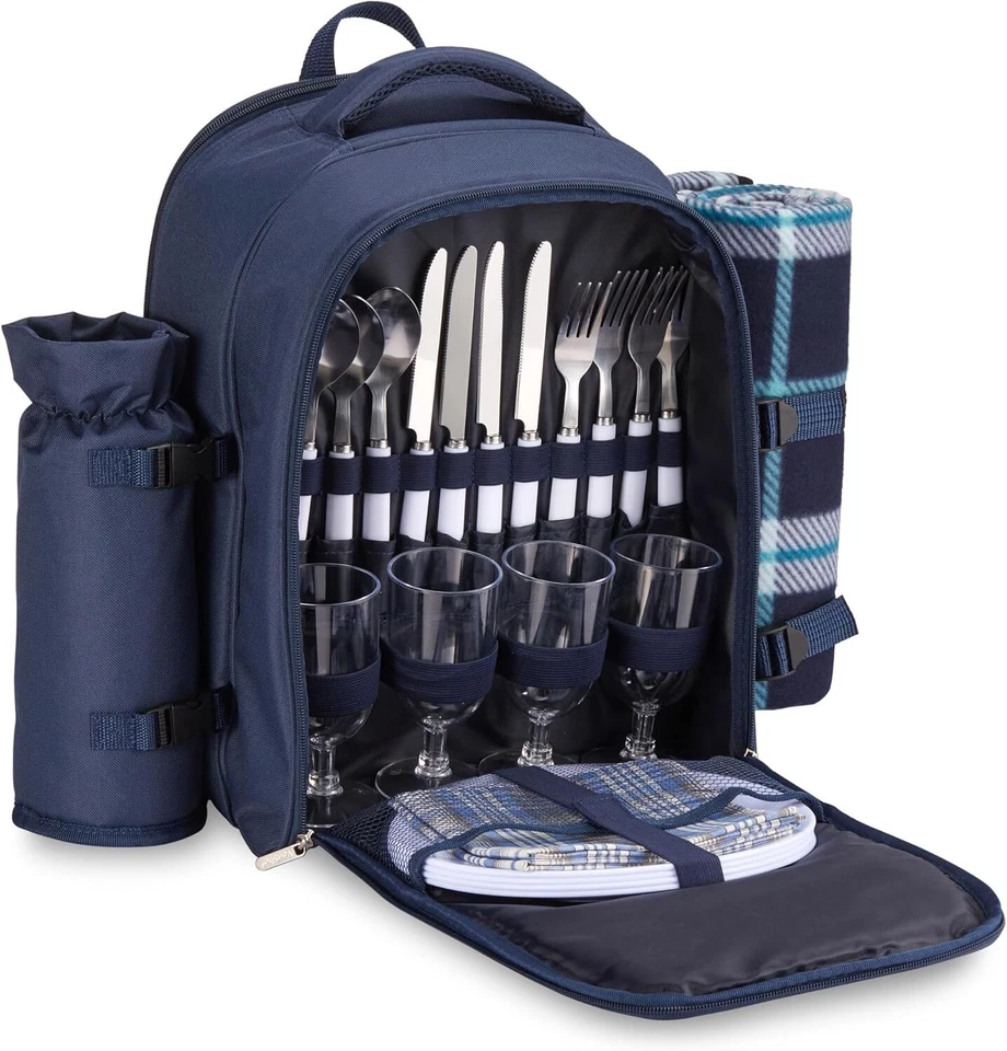 Picknickrucksack, 4 Person Navy Picknicktasche mit vollem Essen & Besteck Set - Bild 1 von 4