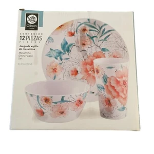 New In Box! Gibson Everyday 12 Piece Elena Rose Melamine Dinnerware Set - Picture 1 of 6
