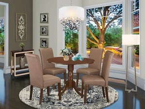 5pc dinette kitchen dining set round pedestal table + 4 parsons chairs mahogany - Picture 1 of 12