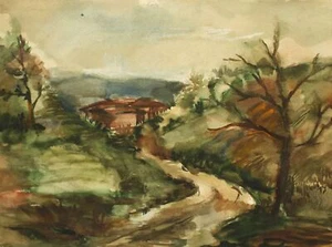 Vintage Impressionist Aquarell Gemälde Landschaft Wald - Bild 1 von 12