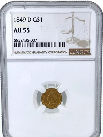 RARE--1849-D Dahlonega $1.00 Gold Coronet NGC AU 55 Small Planchet Type I Cover