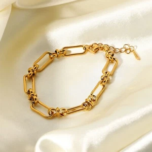 18k Gold Plated Paper Clip Oval Linked Bracelet Toggle Link Bracelet Chain Women - Picture 1 of 11