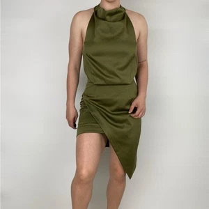 ELLIATT Camo Dress in Khaki Halter Neck Crepe Satin Cocktail Green Mini - Picture 1 of 7