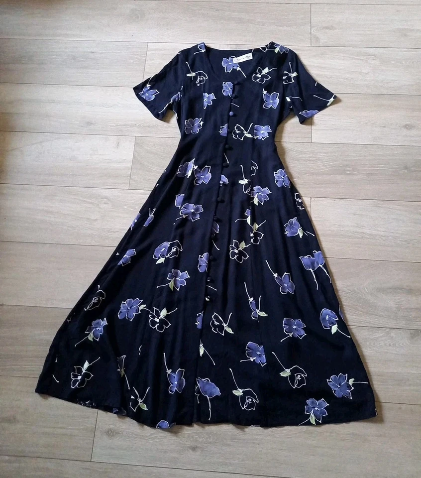 Berkertex Navy Blue Floral Flared Dress Button Up 1980's Vintage Back Tie UK12 - Image 1 of 4