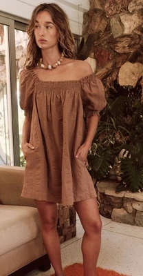 Mini Vestido Free People Mila Marrón Fresa Roan Rayas Bolsillos Talla Pequeña Foto 1 de 4