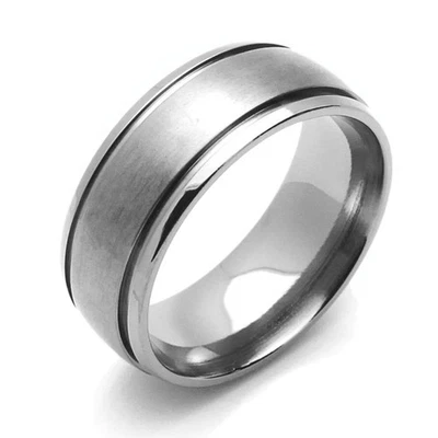 Men's 8mm Titanium Ring Dark Color Beveled Edges Grooved Dome Band size 9.5 - Image 1 of 3