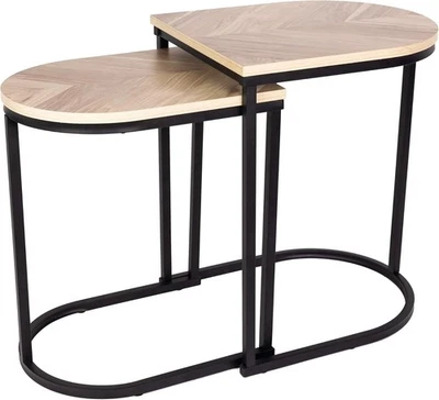 2 Nesting End Tables Black Metal Oak Finish Living Room Side Lamp Set - Image 1 of 4