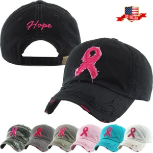 Pink Ribbon Breast Cancer Hope Vintage Distressed Adjustable Baseball Cap Hat - Picture 1 of 47