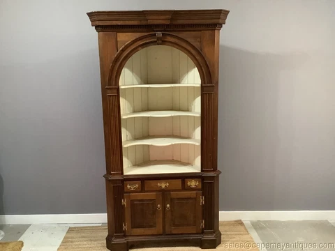 Antique Corner Cabinet Burled Wood Painted Interior 2 Pce Fluted Column Arched Cover