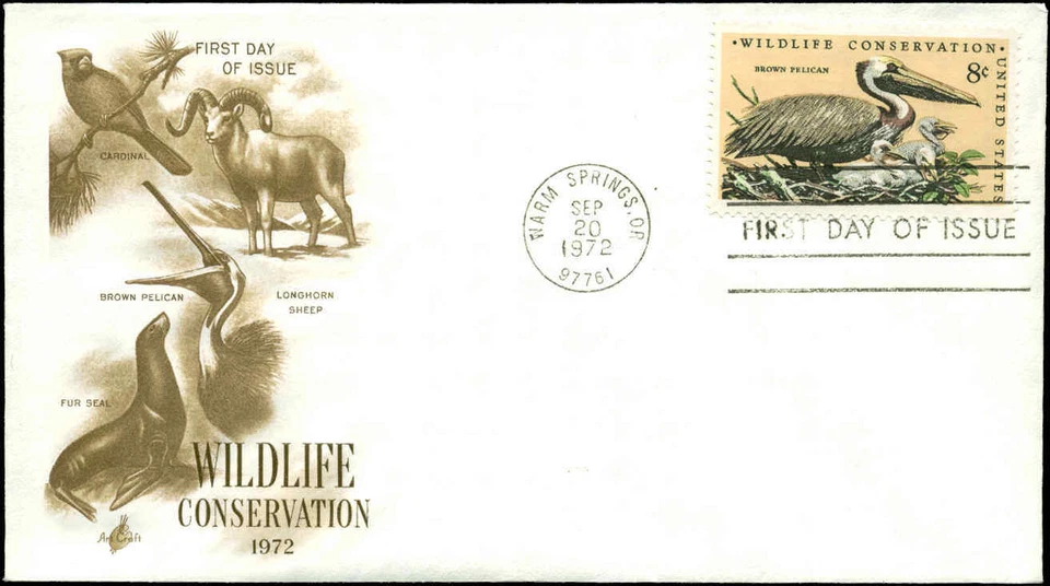 US FDC #1466 Brown Artcraft Severe #1C2 Cachet Warm Springs, OR Pelican - Image 1 of 1