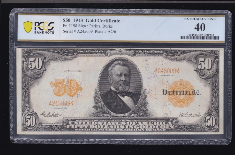 US 1913 $50 Gold Certificate Note Parker/Burke FR 1198 PCGS 40(009)ONLY 70 KNOWN - Image 1 of 2
