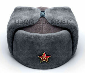 ALL SIZES! AUTHENTIC RUSSIAN SOVIET GREY MILITARY WINTER USHANKA HAT WITH BADGE!