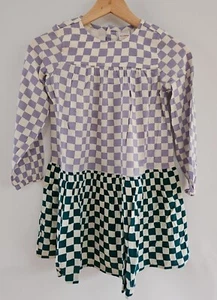 NWT HANNA ANDERSSON WOVEN CHECKER GREEN LAVENDER RAYON TWIRL DRESS 130 8 - Picture 1 of 7