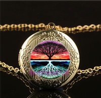 Live Tree Of Life Cabochon Glass Gold Plating Locket Pendant Necklace