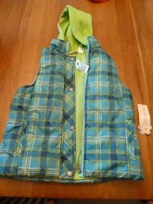 Pink Platinum Girls Green Plaid Hooded Vest Jacket Size M 10/12 zip snaps NEW - Image 1 of 4