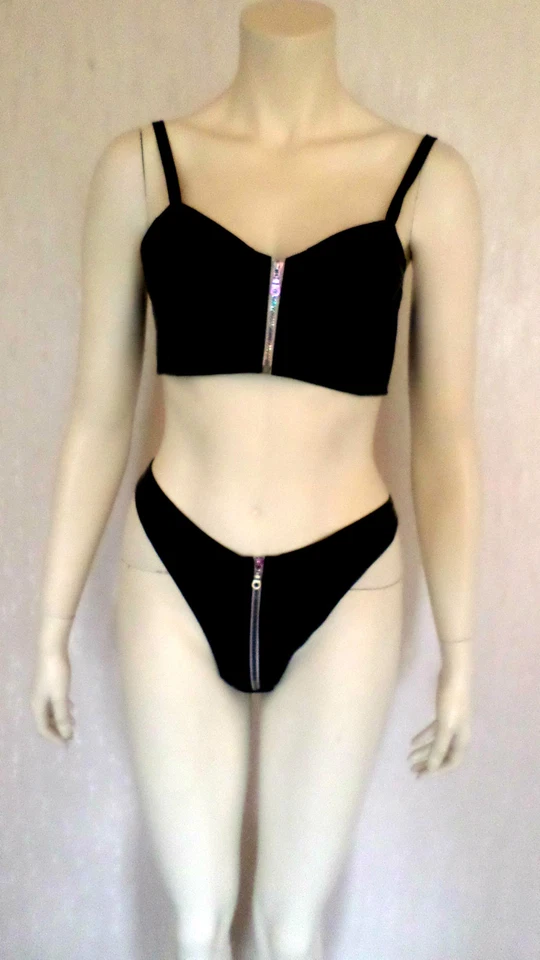 Sexy BH-Set Bustier+StringTanga Lederoptik Reißverschlüsse Schwarz Gr.75 A-B NEU - Bild 1 von 4