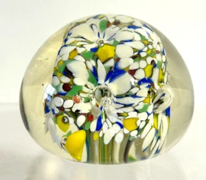 Art Glass Paperweight Yellow Green Blue Red Flowers Bubbles 2 Inch            P3 - Picture 1 of 6