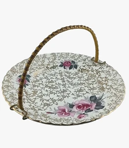 Vintage Roses & Gold Floral Chintz Old Foley James Kent Cake Plate Bamboo Handle - Picture 1 of 13