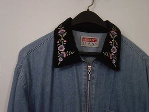 WOMEN'S "ANDREWS JEANS" BLUE DENIM LONG SLEEVED BLOUSE SZ XL VELVET COLLAR - Picture 1 of 7