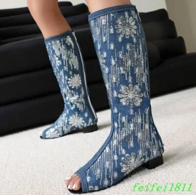 Mujer Vestido Club Botas Hasta la Rodilla Denim Punta abierta Lentejuelas Sandalias Primavera Verano Foto 1 de 4