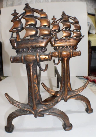 VINTAGE NAUTICAL ANDIRONS TALL SHIPS BIG ANCHORS 16"T x 10"W x 24"D Cover