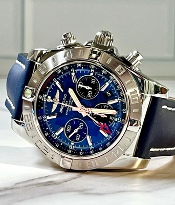 New Breitling Chronomat 44 GMT•Black Eye Blue Dial•Blue Leather Strap•AB042011 - Image 1 of 4