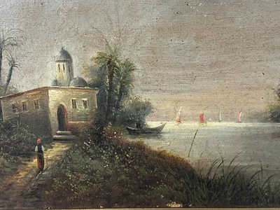 ANTIKES ÖLGEMÄLDE 19 TES JHDT KÜSTENLANDSCHAFT MIT PERSON - Bild 1 von 4