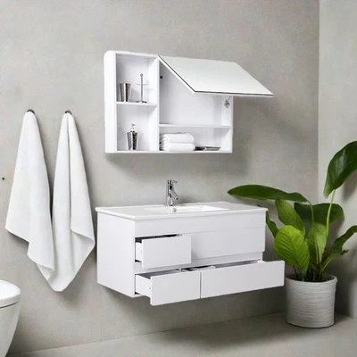 Modernes Badmöbel mit Spiegelschrank Waschbecken Set m. Unterschrank & Stauraum - Bild 1 von 4