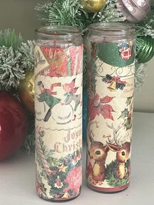 Sugar Frosted Glass Pillar Candle Nostalgic Christmas Reindeer Vintage Inspired - Picture 1 of 6