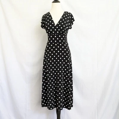 Max and Cleo Small Black White Polka Dot Midi Dress Fit and Flare V-Neck Retro - Image 1 of 4