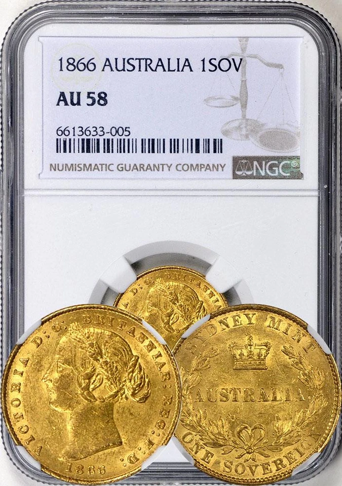 Austrália 1866-SY ouro 1 Sovereign NGC AU-58. Escolha para a nota! Brilho! - Imagem 1 de 1