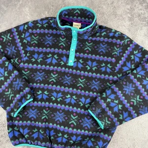 Vintage L.L.Bean Pullover Kids XL Black Aztec T Snap Neck Fleece Made USA 90s - Picture 1 of 8