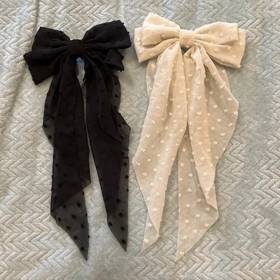Black And Ivory Polka Dot Chiffon Bow Hairclips - Image 1 of 2