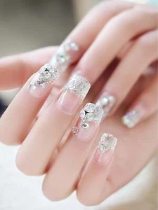 24pcs Long Square Rhinestone Sequins French Fake Nail False Nails Press On Nails - Picture 1 of 5