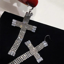 Fashion Rhinestone Encrusted Cross Dangle Drop Earrings Wedding Party Jewellery