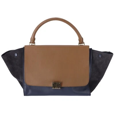 Celine Trapeze Medium Convertible Satchel Crossbody Suede Leather Blue Tan - Image 1 of 4