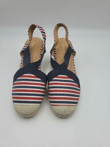 WANTED Size 11 Red White Blue Striped Jute Wedge Heel Sling Back Espadrilles - Picture 1 of 7