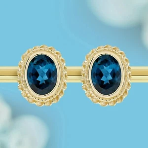 9K Gold Natural London Blue Topaz Vintage Style Rope Motif Stud Earrings - Picture 1 of 6