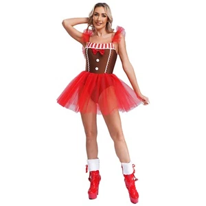 Women Dress Adult Christmas Cami Costume Holiday Figure Ice Skating Striped - Picture 1 of 25