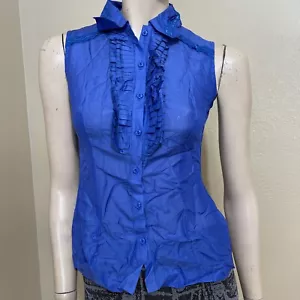 Women’s Blue Cotton Casual Pleated Ruffle Lace Size S Button Up Blouse Top Shirt - Picture 1 of 12