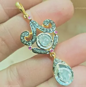 Polki With Slice Diamond Drop Pendant, 925 Silver Handmade Ruby Gemstone Pendant - Picture 1 of 4