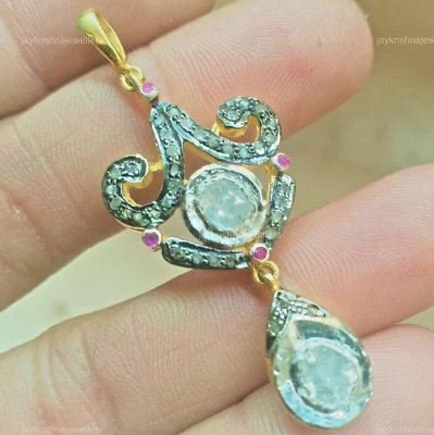 Polki With Pave Diamond Drop Pendant, 925 Silver Handmade Ruby Gemstone Pendant - Image 1 of 4