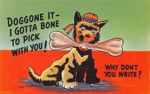 Cartolina fumetti vintage: Scottish Terrier, Why Don't You Write, lino, anni '40 - Foto 1 di 2
