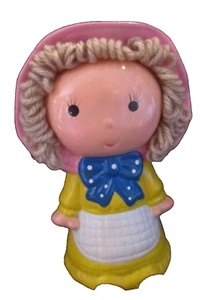 Vintage Plaster Girl Bank. Pink Bonnet & Yarn Hair. 8" tall. 1960s. Taiwan. MCM - Picture 1 of 4