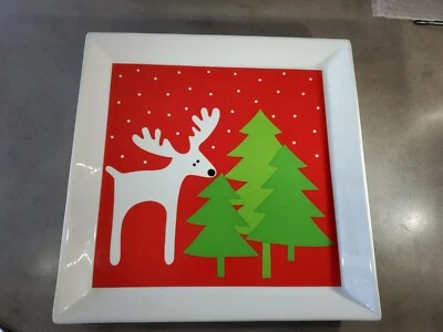 Crate & Barrel Reindeer Platter 12” Square Christmas Tree Serving Tray Plate - Image 1 of 4