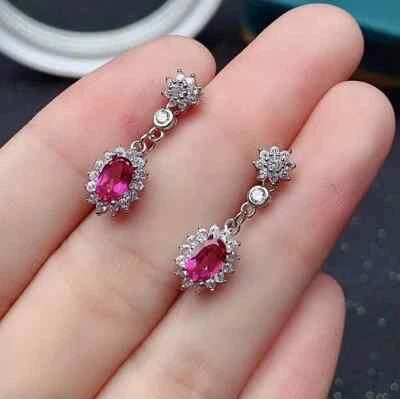 Lab-Created Pink Ruby 2.5Ct Oval Drop Dangle Earrings 925 Sterling Silver Plated - Image 1 of 4