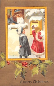 1915 Blue Robe Santa Watching Children at Mailbox Christmas post card - Picture 1 of 2
