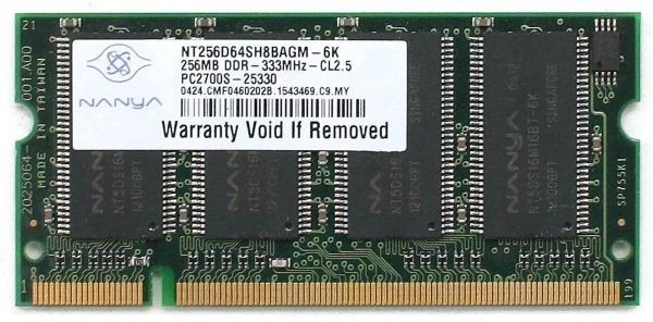 Laptop memory, nt256d64sh8bagm-6k 256mb ddr-333mhz-cl2.5 pc2700s-25330, sps-355 - Image 1 of 1