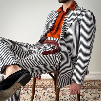 Amarcord Bespoke Double Breasted Cotton Striped Suit Size 52R - Image 1 of 4