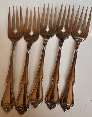 ONEIDA  ARBOR ROSE TRUE ROSE Set Of 5 STAINLESS SALAD FORKS  Flatware - Image 1 of 4